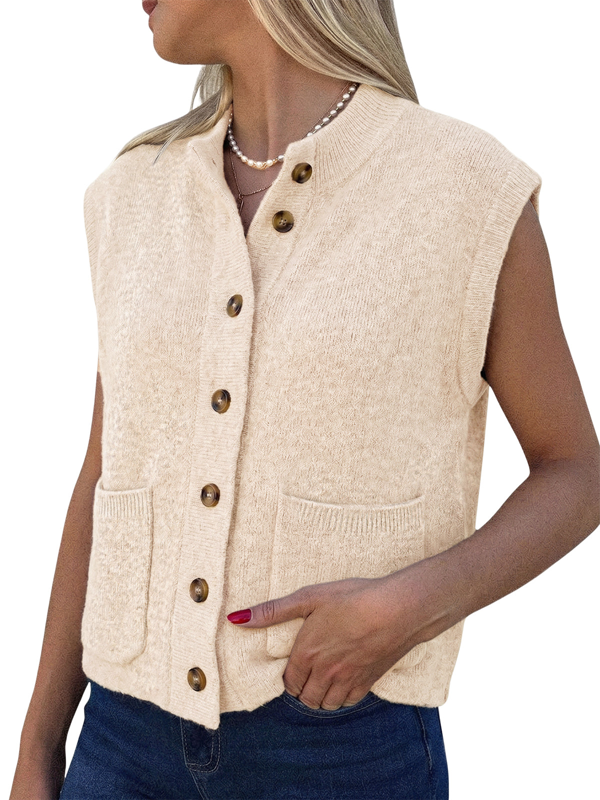 Women Beige Cap Sleeve Sweater Vest | CicyBell