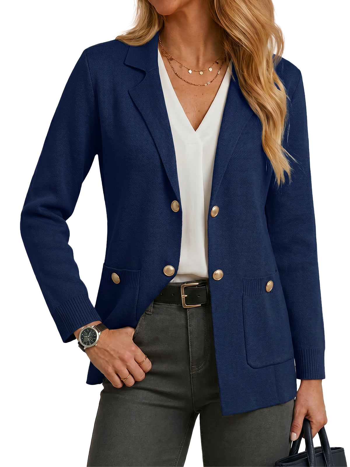 Womens Navy Long Sleeve Sweater Blazer | CicyBell