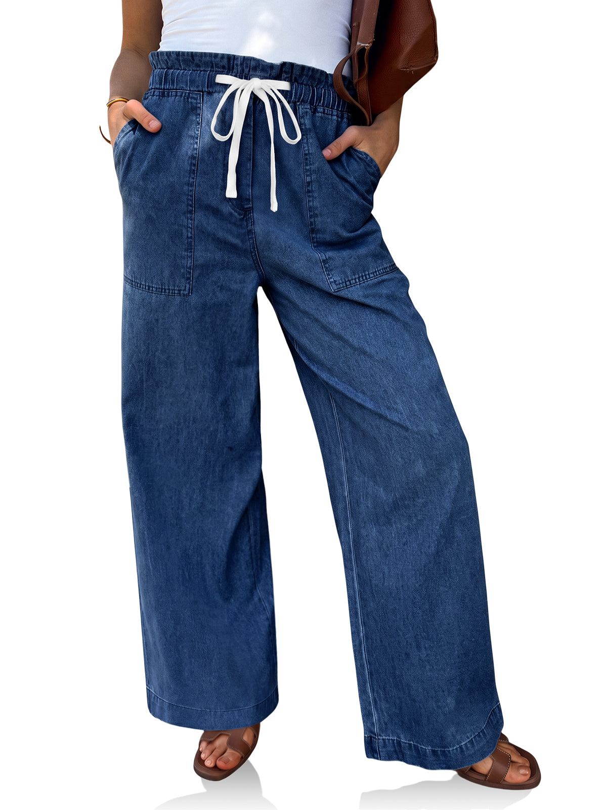 Womens Navy Drawstring Wide Leg Jeans | CicyBell