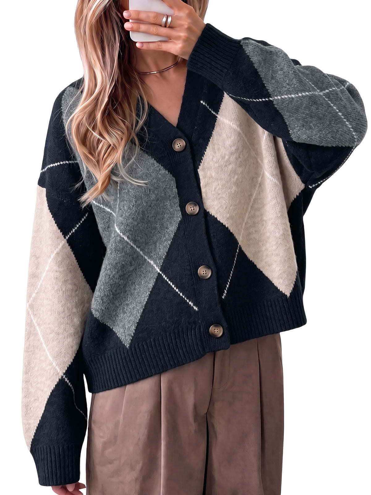 Women Navy Plaid Color Block Cardigan | CicyBell
