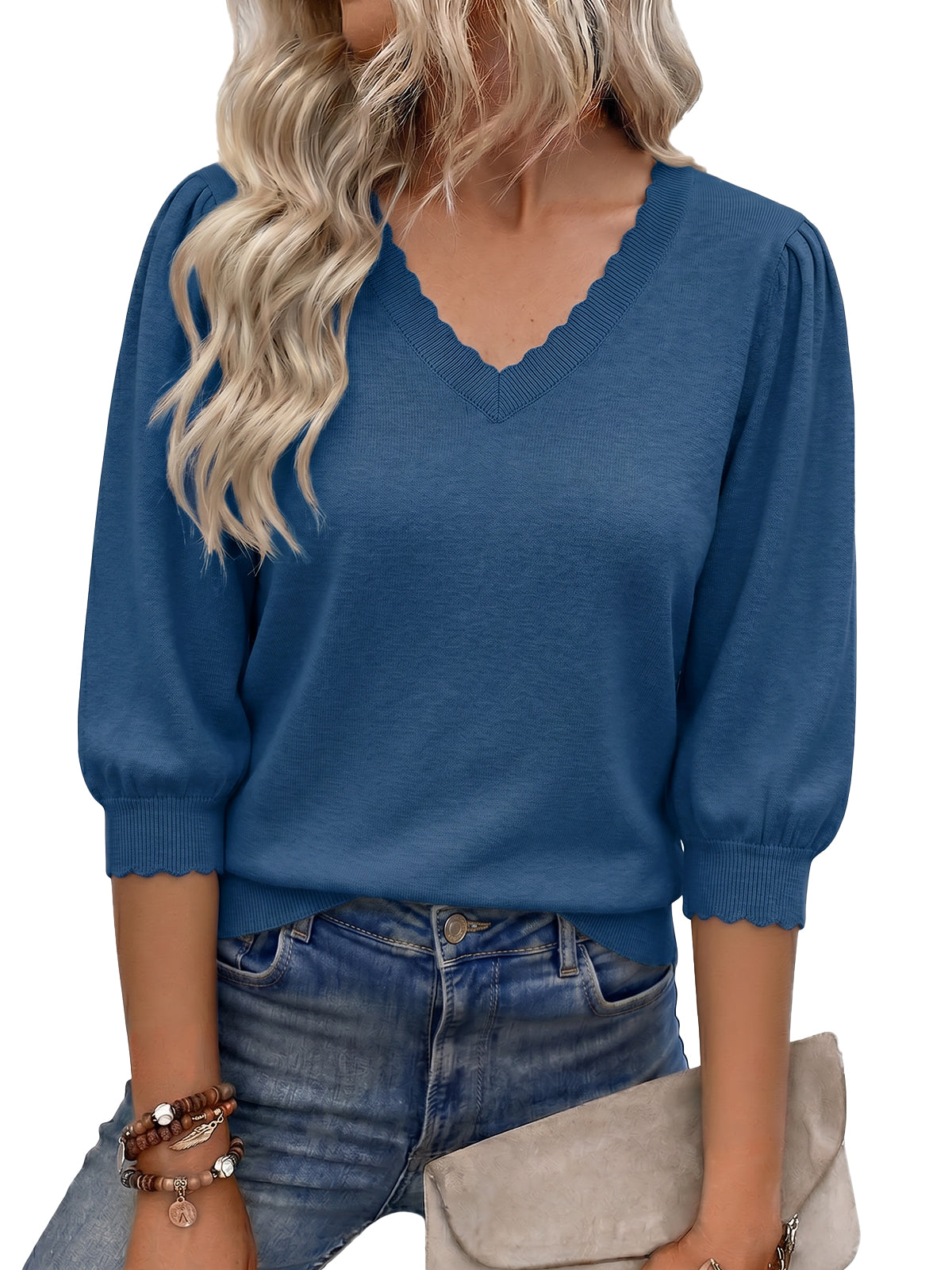 Women Navy 3/4 Puff Sleeve Sweater Tops | CicyBell