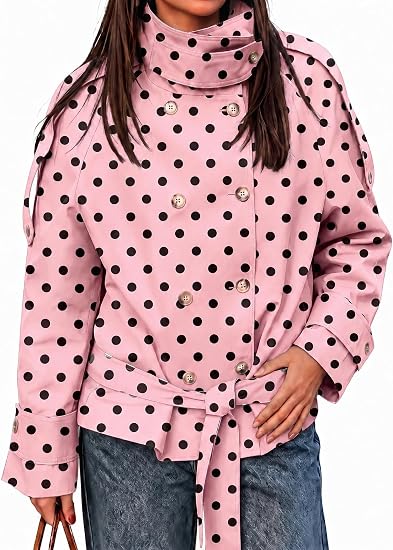 Womens Pink Polka Dot Short Trench Coats | CicyBell