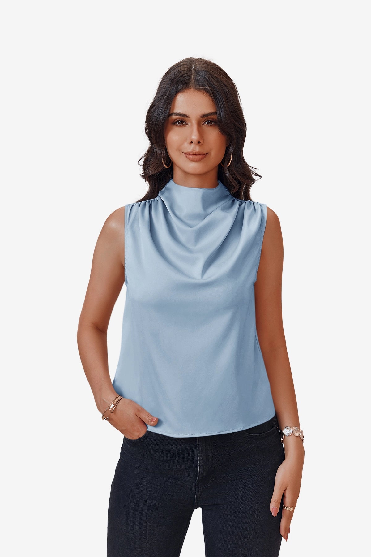 Womens Light Blue Mock Neck Satin Tank Tops | CicyBell