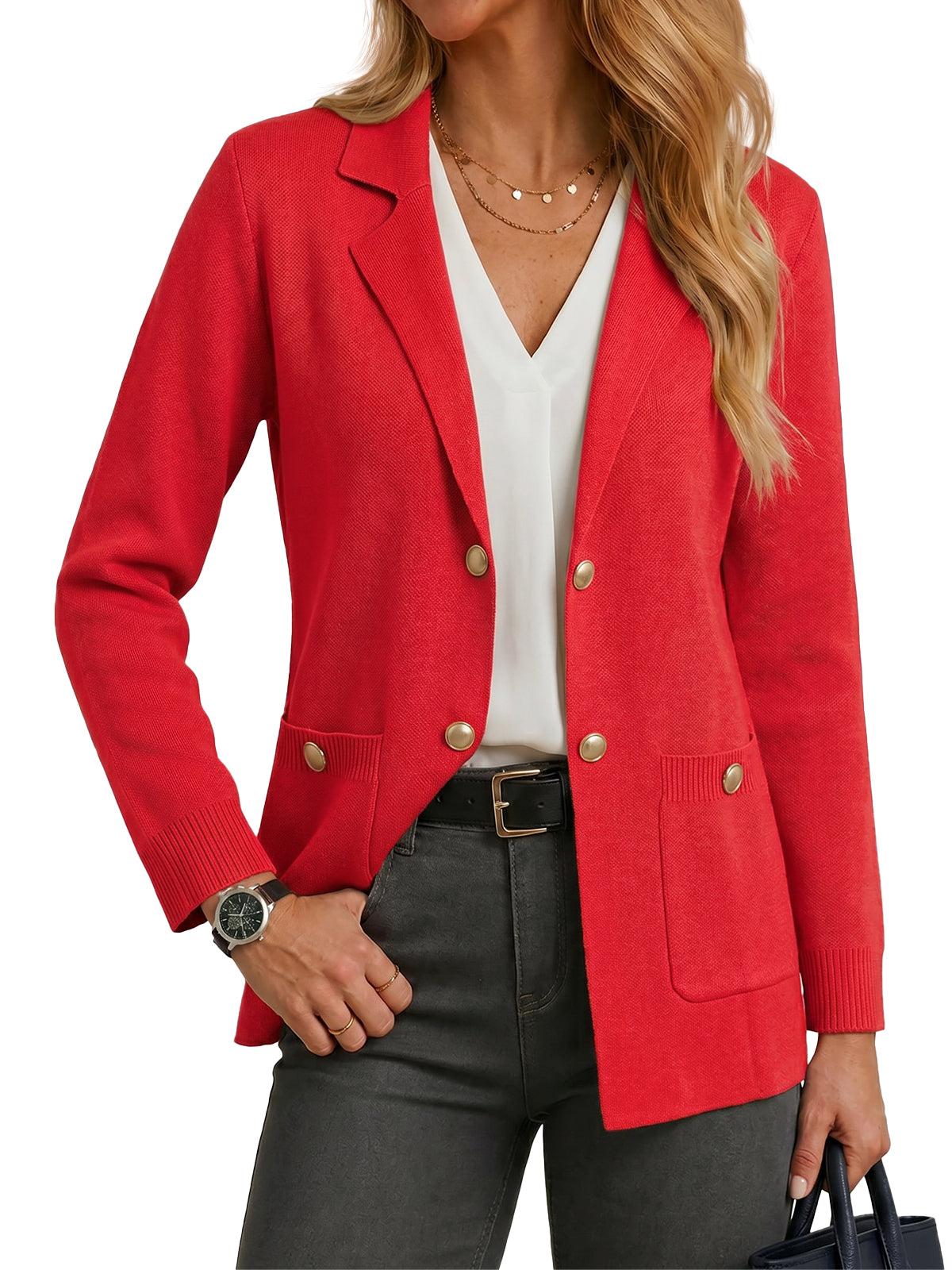 Womens Red Long Sleeve Sweater Blazer | CicyBell