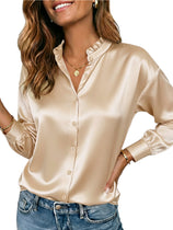 Womens Champagne Ruffle Collar Satin Blouses | CicyBell