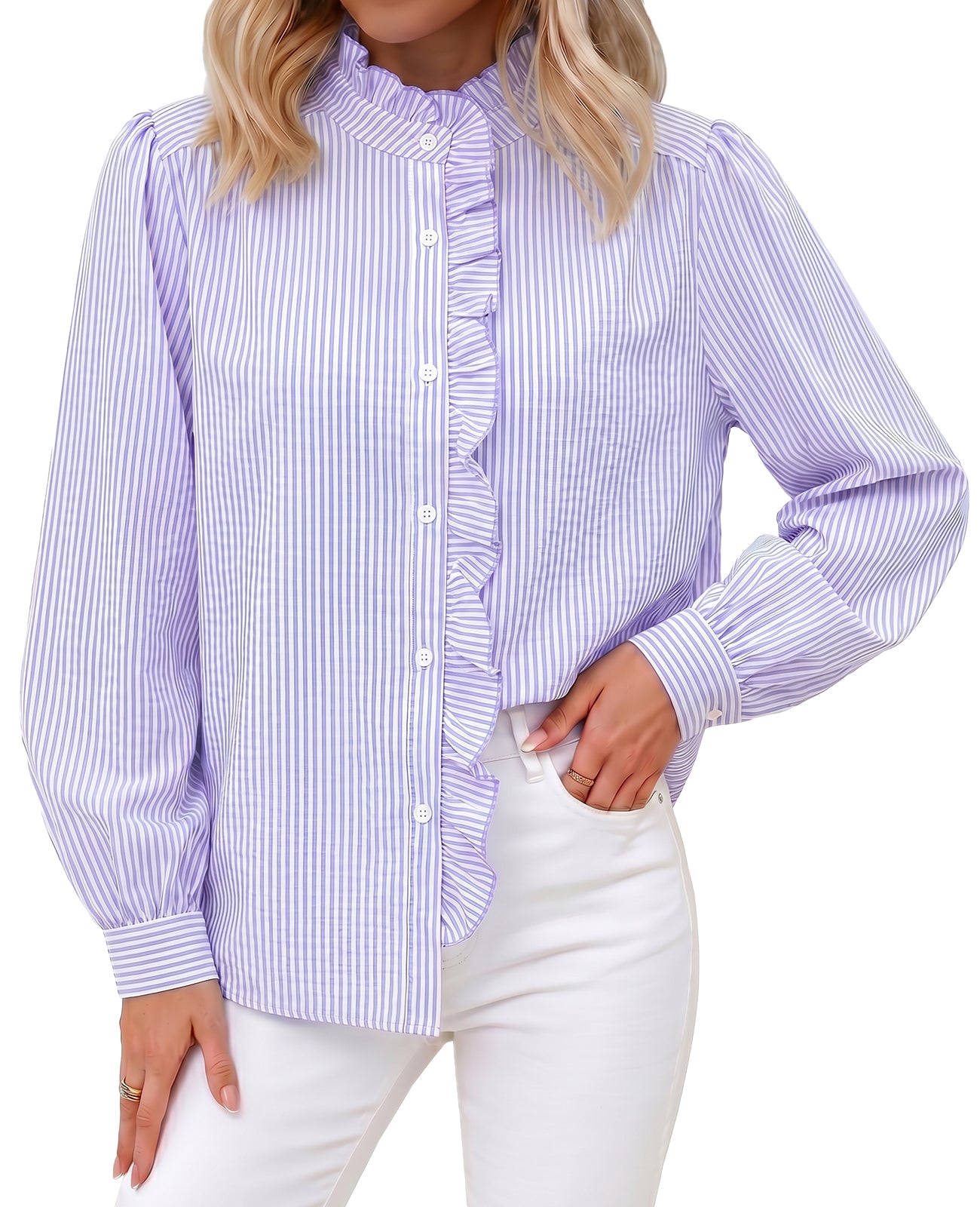 Womens Violet Ruffle Striped Button Down Shirts | CicyBell